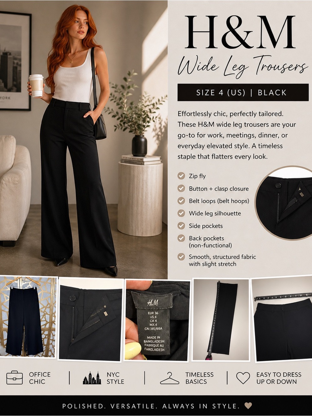 H&M Wide Leg Dress Pants Black High Waist Trouser Size 4